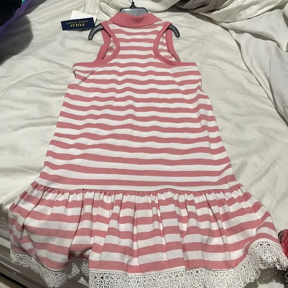 Ralph Lauren 6x faded red white stripe drop waist dress ruffled lace hem nwt